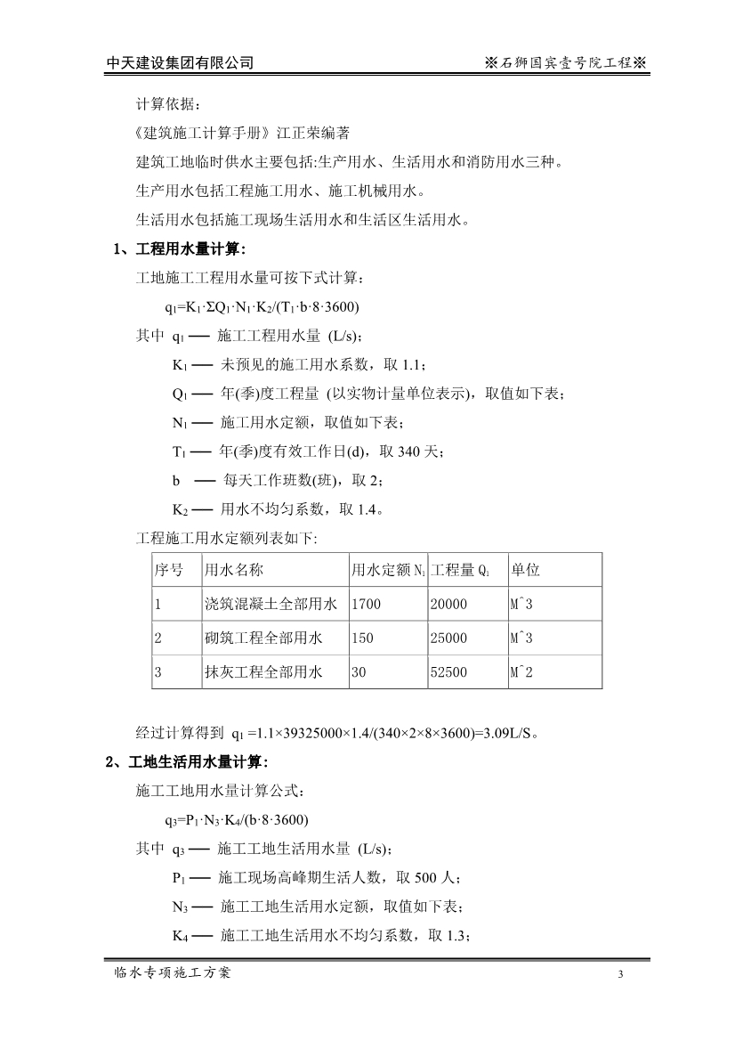 大型住宅项目临时用水施工方案（word格式，可编辑）